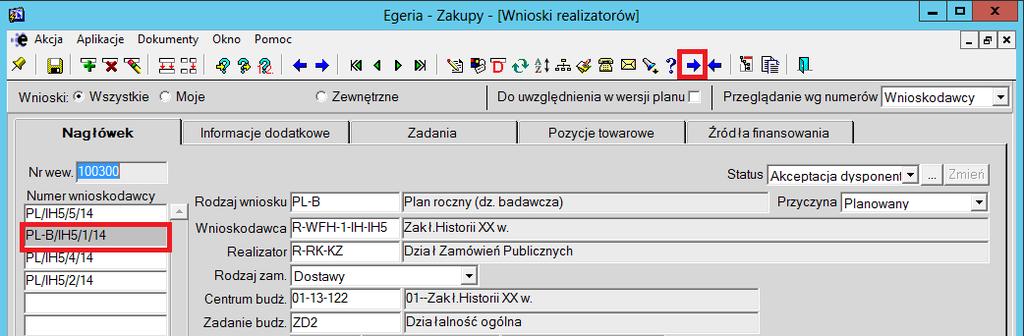 3. Zmiana statusu Zmiana statusu wniosku odbywa się w zakładce Nagłówek poprzez wybranie przycisku (Wykonaj czynność). Po wybraniu przycisku otworzy się okno wyboru statusu.