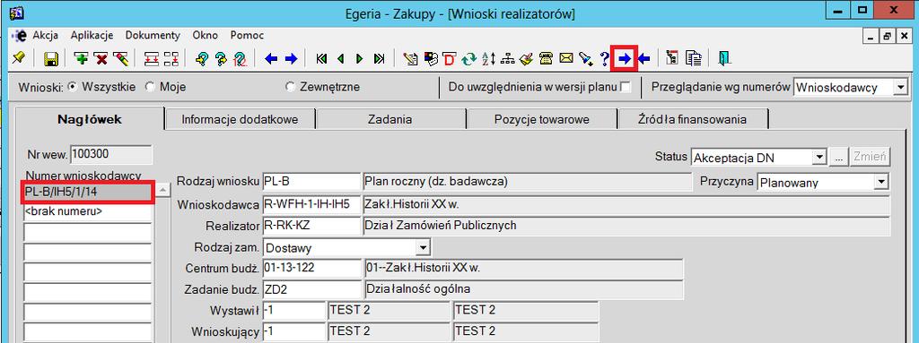 Po odszukaniu wniosku możemy przejść do zmiany jego statusu. 3. Zmiana statusu Zmiana statusu wniosku odbywa się w zakładce Nagłówek poprzez wybranie przycisku (Wykonaj czynność).