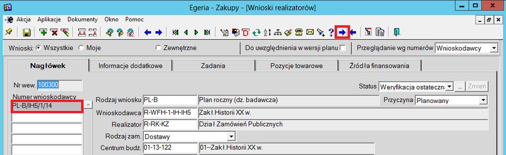 Status wybieramy Weryfikacja ostateczna i dokonujemy wyszukiwania poprzez wybór przycisku F8. lub klawisz Po odszukaniu wniosku możemy przejść do zmiany jego statusu. 3.