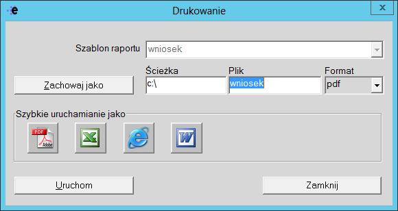 Wyświetli się okno, w którym można: Wybrać szablon raportu w polu Szablon wydruku. Uruchomić podgląd wydruku przez wybór przycisku [Uruchom]. Wygenerować wydruk do pliku PDF przez wybór przycisku.