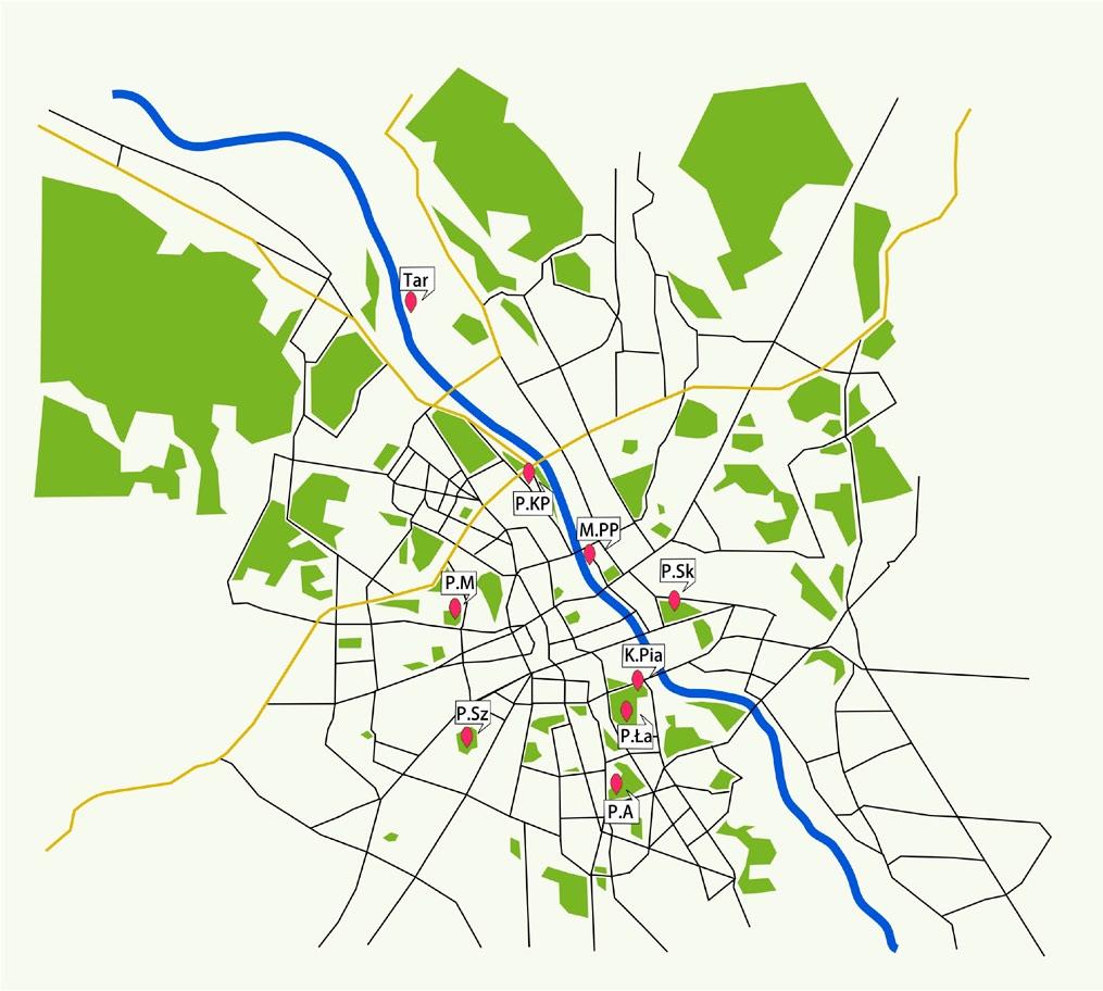Ryc. 1. Fig. 1. Położenie badanych stanowisk w Warszawie. Location of study sites in Warsaw.