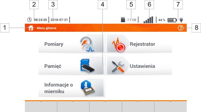 2 Menu główne Ekran główny jest dostępny: po włączeniu miernika, w dowolnym momencie po wybraniu ikony na wyświetlaczu (nie dotyczy rejestratora). Rys. 2.