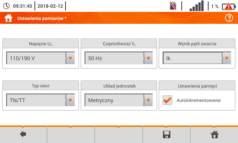 2.2.1 Podmenu Ustawienia pomiarów Opcja Ustawienia pomiarów zawiera następujące pozycje: napięcie znamionowe sieci, częstotliwość sieci, sposób prezentacji wyniku pętli zwarcia, typ sieci zasilającej