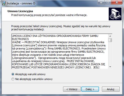 Zdjęcie nr 3: Okno licencji kreatora instalacji. 6) Pozostałe kroki instalacji są opcjonalne i pozwalają na: 1.