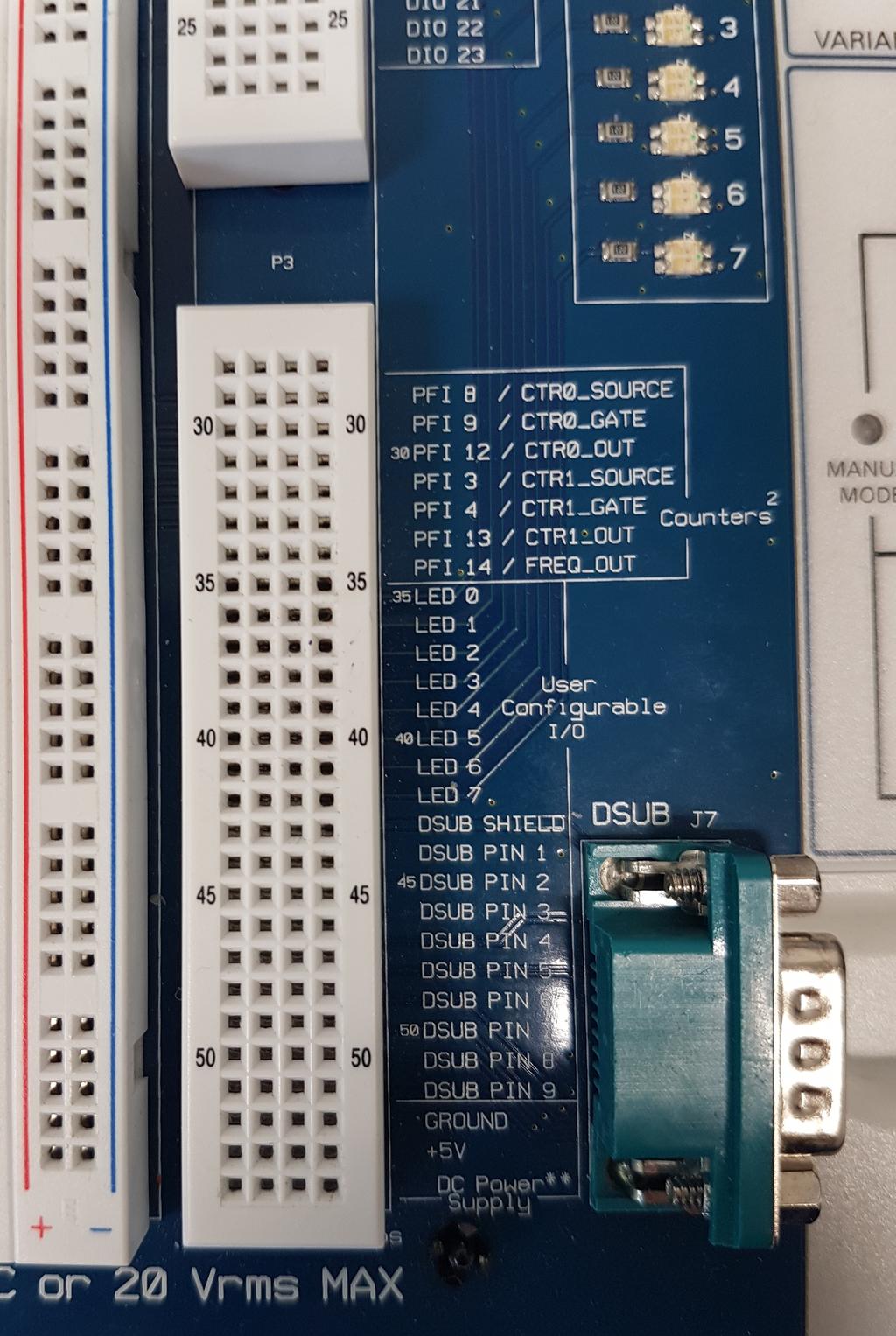 Sany logiczne wyjść obserwowane są przy pomocy wskaźników LED, kórych wejścia są dosępne w gniazdach 35 42 prawej, dolnej liswy sygnałowej plaformy. Rys. 3. Widok prawej, dolnej liswy sygnałowej plaformy z gniazdami wejściowymi wskaźników LED.