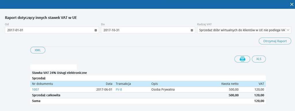 Możliwe jest zapisanie raportu do pliku PDF, XLS oraz XML ikony znajdują się powyżej wygenerowanego raportu.