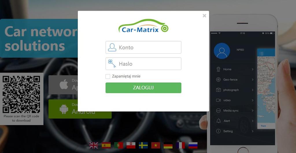 Po zarejstrowaniu możliwe jest logowanie na platformę (http://www.car-matrix.com/).