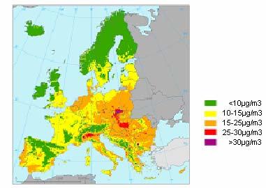 Stężenia PM2,5 Rozkład stężeń pyłu PM2,5 w Europie w roku