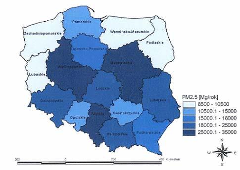 Emisja PM2,5 Suma emisji pyłu PM2,5 w 2005, Mg/rok [źródło: EKOMETRIA, 2009] Zmiana emisji pyłów w Polsce w