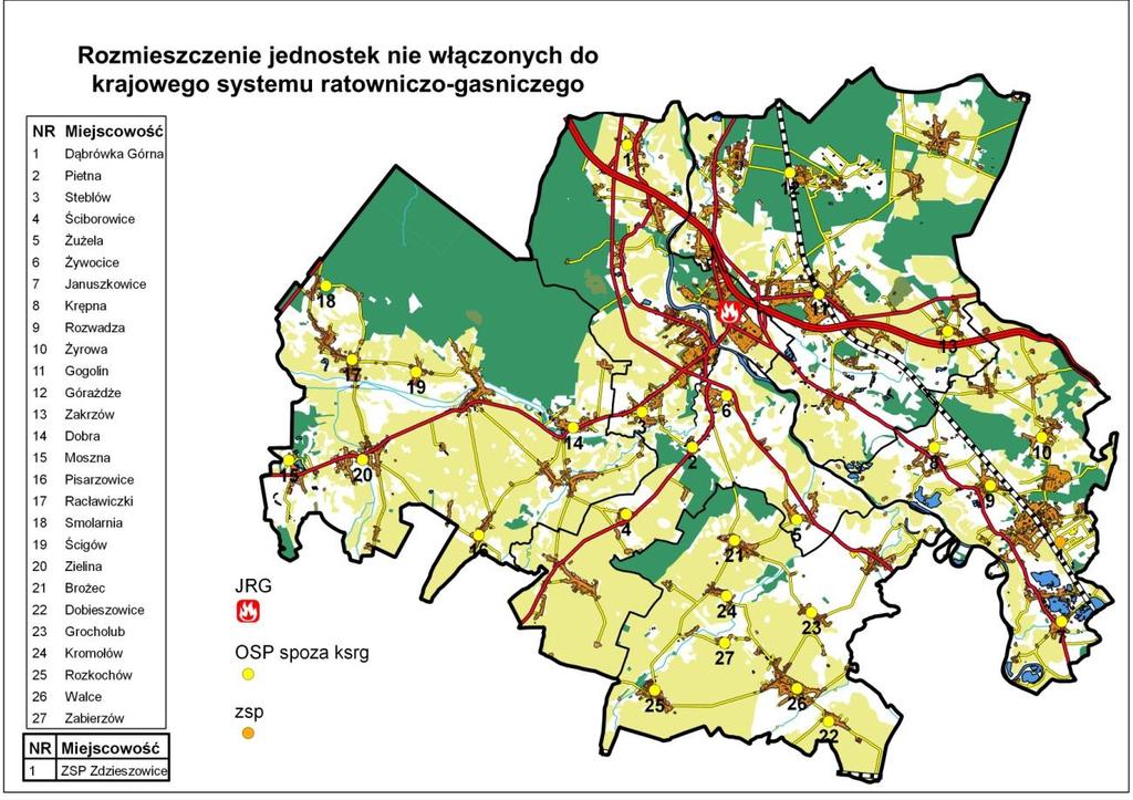 Na terenie powiatu krapkowickiego funkcjonuje 36 jednostek OSP oraz jedna Jednostka Ratownicza Zakładów Koksowniczych (zakład ArcelorMittal S.A. w Zdzieszowicach).
