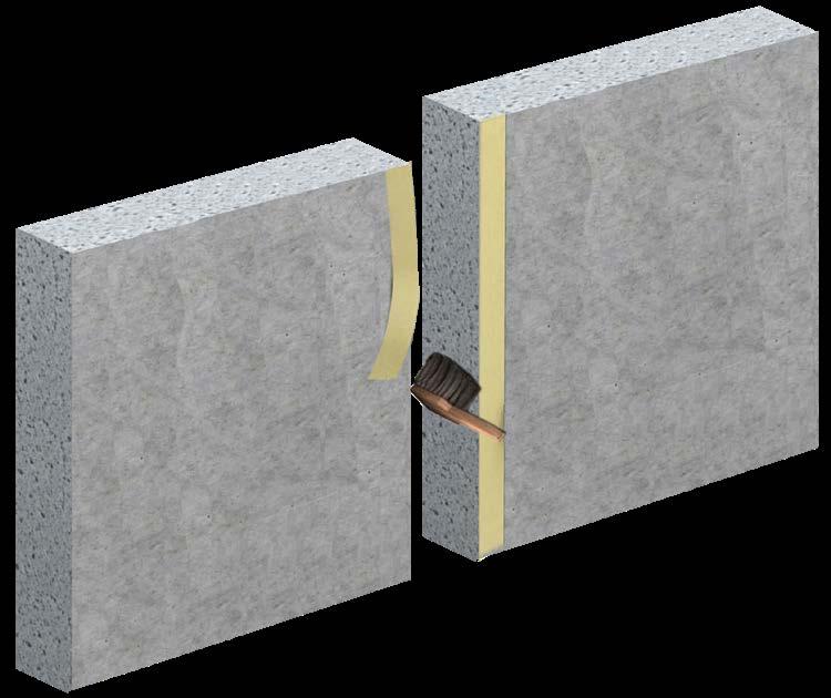 5. Przedstawienie montażu z płyt wełny mineralnej 1. Oczyścić szczelinę dylatacyjną oraz okleić z obu zewnętrznych stron taśmą samoprzylepną. 2. Wymierzyć szczelinę dylatacyjną.