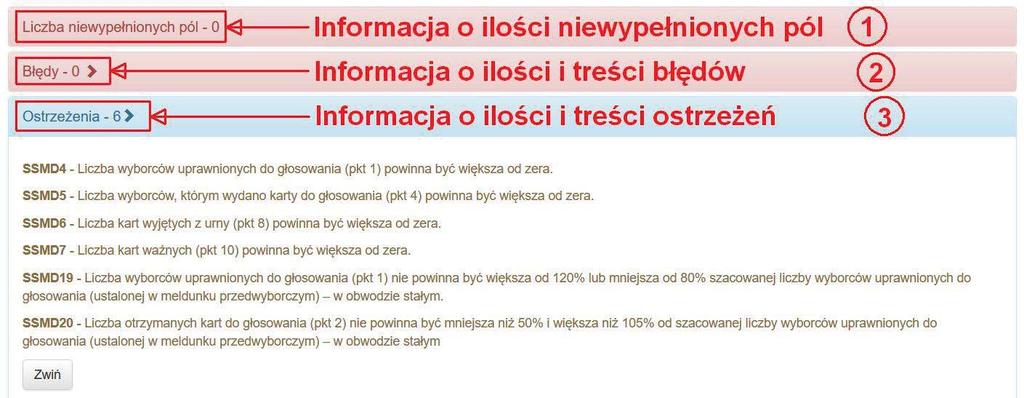 Rysunek 23-3 Pola z informacjami o brakach, błędach i ostrzeżeniach. Dane o treści błędów i ostrzeżeń pojawiają dopiero po kliknięciu w odpowiednie pola prezentujące ich liczbę.