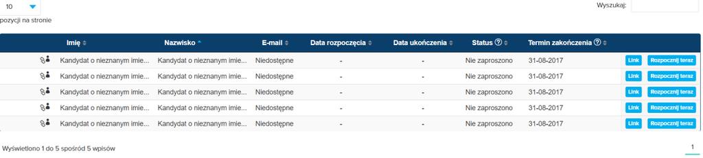 Jeśli chcesz przeprowadzić test kandydatowi w warunkach kontrolowanych posadź kandydata przed komputerem i kliknij przycisk Rozpocznij teraz.