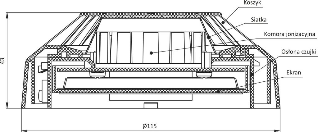 IK-E281-001 7 4 BUDOWA I ZASADA DZIAŁANIA Konstrukcja mechaniczna czujki przedstawiona jest na rysunku 1. Rys.