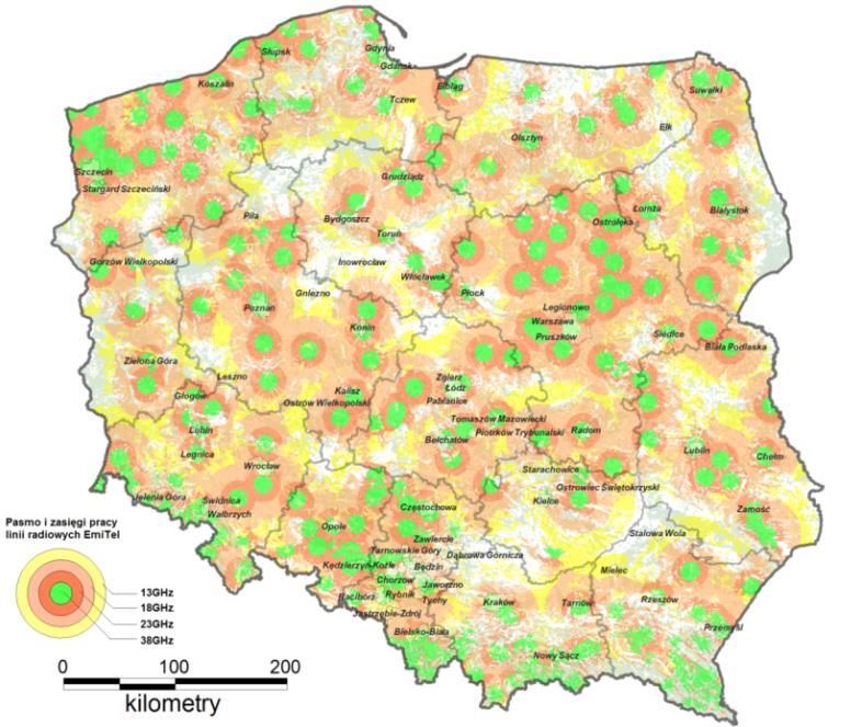 odległościach do 70km, dostarczając przepływności do 1 Gbit/s Większość linii radiowych