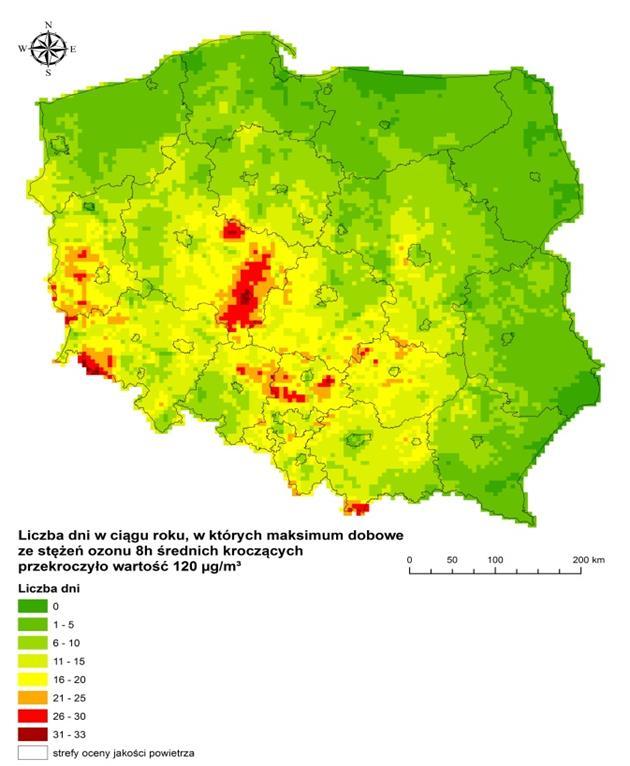 stężeniami 8-godzinnymi ozonu wyższymi od 120 μg/m 3. W regionie północno-wschodnim problem jest znacznie mniejszy niż w południowo-zachodniej części kraju (mapa).