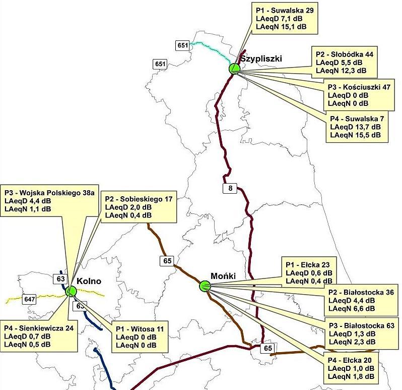 Mapa. Przekroczenia krótkookresowych poziomów hałasu dla pory dnia (L AeqD ) i pory nocy (L AeqN ) na podstawie pomiarów przeprowadzonych w 2016 roku (źródło: WIOŚ, PMŚ) W trakcie pomiarów,