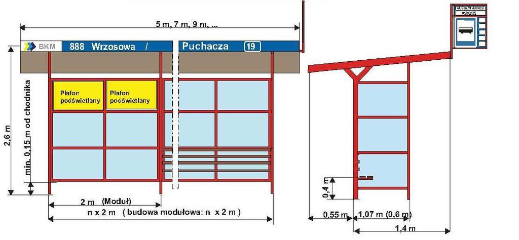 gumowych. W ścianie tylnej jedna lub dwie gabloty podświetlane instalacją LED do zamieszczania rozkładów jazdy i informacji. Oświetlenie LED w konstrukcji dachu wiaty do oświetlenia terenu przystanku.
