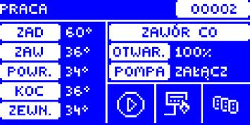 EKRAN C.W.U. 1 Wygląd ekranu C.W.U. jest analogiczny do ekranu C.O., różni się jedynie parametrami wyświetlanymi w jego środkowej części. 1. Kolejno od lewej: Temperatura aktualna C.W.U Temperatura zadana C.