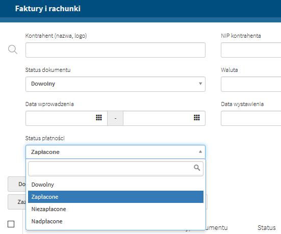 Użytkownik ma możliwość filtrowania po Statusie płatności: Dowolny, Zapłacone, Niezapłacone, Nadpłacone.