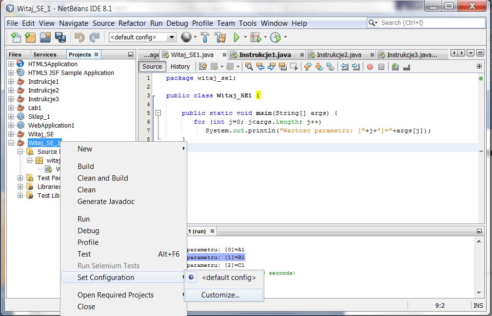 Uruchamianie programu z parametrami w środowisku NetBeans po kliknięciu prawym