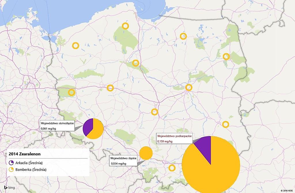 Zawartość zearalenonu w ziarnie pszenicy z poszczególnych województw w 2014r.