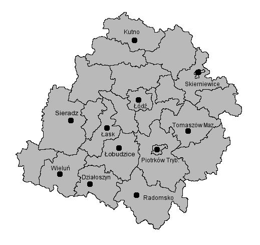 Na mapie województwa łódzkiego i świętokrzyskiego zaznaczone zostały miejscowości, w których zorganizowano poszczególne ośrodki.