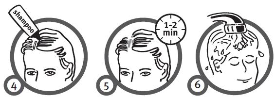 Nanieść łagodny szampon Pozostawić szampon Umyć włosy jak zwykle. na suche włosy, zwłaszcza na skórze głowy na powierzchnie, przez kilka minut na które aplikowano żel. przed umyciem.