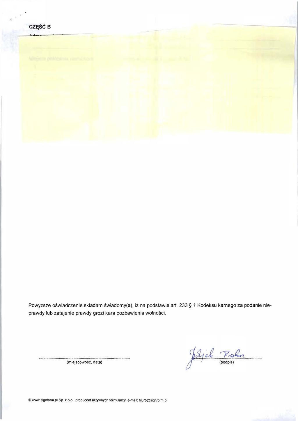 CZE;SC B,-'-- ----- Powytsze oswiadczenie sk!adam swiadomy(a), it na podstawie art.