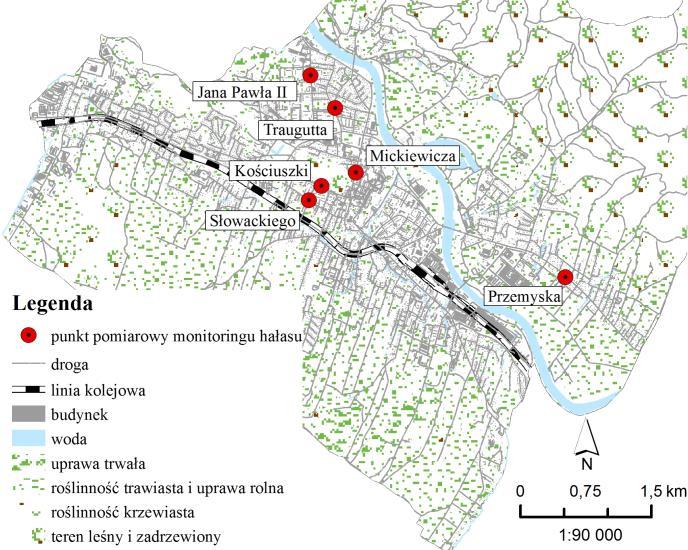 Rys. 6.4.2. Lokalizacja punktów pomiarowych hałasu drogowego w Sanoku w 2017 r. [12], [13] Tab. 6.4.1. Charakterystyka punktów pomiarowych monitoringu hałasu drogowego w Sanoku w 2017 r.