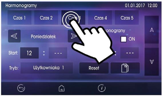 Harmonogramy Menu pozwala na ustawienie harmonogramów pracy rekuperatora. *Zaprogramowany harmonogram działa w oparciu o wewnętrzną pamięć i nie jest kasowany przy braku zasilania.