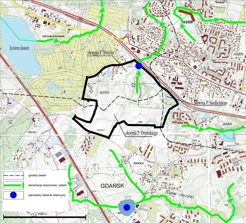 Projekt MPZP Gospodarka wodami opadowymi 2348 Północna część Obszaru planu znajduje się w zlewni Potoku Strzyża, a pozostała część w zlewni Potoku Oruńskiego i Siedlickiego.