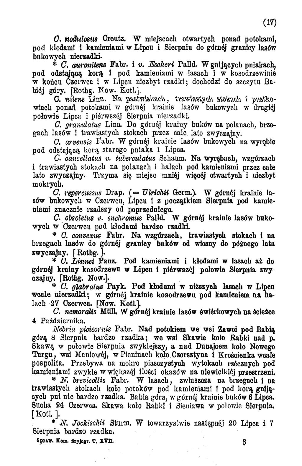 C. nodu losus Creutz. W miejscach otwartych ponad potokami, pod kłodami i kamieniami w Lipcu i Sierpniu do górndg granicy lasów bukowych nierzadki. C. auronitens Fabr. i v. Escheri Palld.
