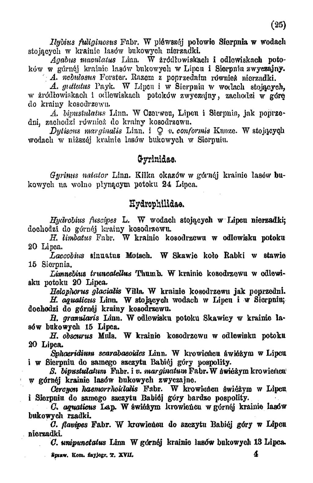 llyuus fuliginosits Fabr. W piówsrój połowic Sierpnia w wodach stojących w krainie lasów bukowych nierzadki. Agabus maculatus Linii.