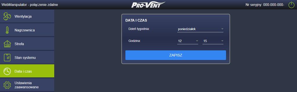 3.6. USTAWIENIE DATY I CZASU (MENU DATA I CZAS) Ekran ustawiania daty i czasu 3.7. USTAWIENIA ZAAWANSOWANE Ekran edycji ustawień zaawansowanych 3.7.1.