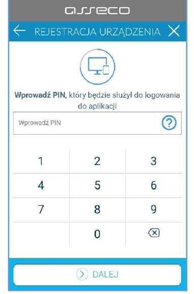 - w następnym kroku w polu należy wprowadzić ustalony przez siebie kod PIN, który będzie służył do logowania w aplikacji mtoken Asseco MAA.