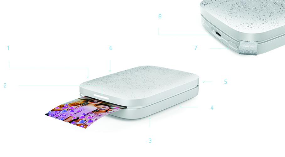 Drukarka HP Sprocket 00 Przegląd produktu Na ilustracji przedstawiono drukarkę HP Sprocket 00 1. Specjalna pokrywa uruchamiająca funkcje AR.