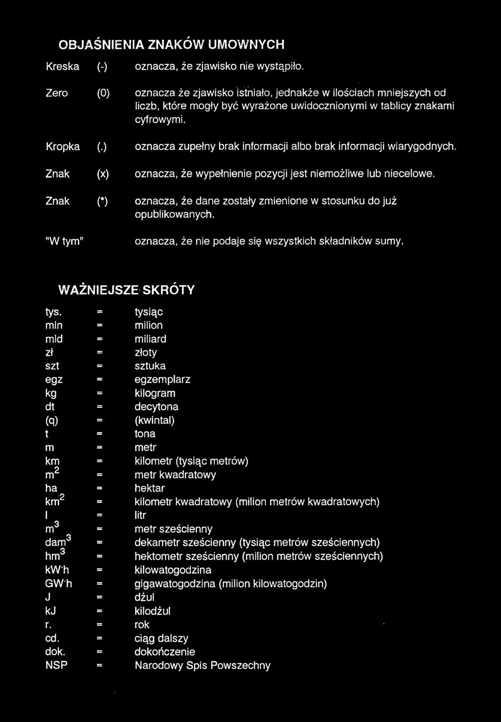 Kropka 0 oznacza zupełny brak informacji albo brak informacji wiarygodnych. (x) oznacza, że wypełnienie pozycji jest niemożliwe lub niecelowe.