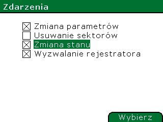 Za pomocą nastawy Zdarzenia dostępnej w oknie Ustawienia użytkownik może ustalić które zdarzenia pochodzące od rejestratora kryterialnego rejestrowane będą w dzienniku zdarzeń urządzenia.