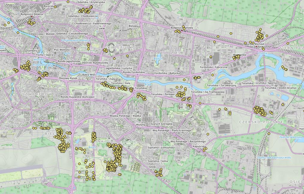 Zrzuty wykonaliśmy na dwóch różnych mapach podkładowych, gdyż nie wszystkie miejscowości w schematach udostępniają rysunki budynków, a i mapy schematyczne nie zawsze są aktualne względem zabudowy.