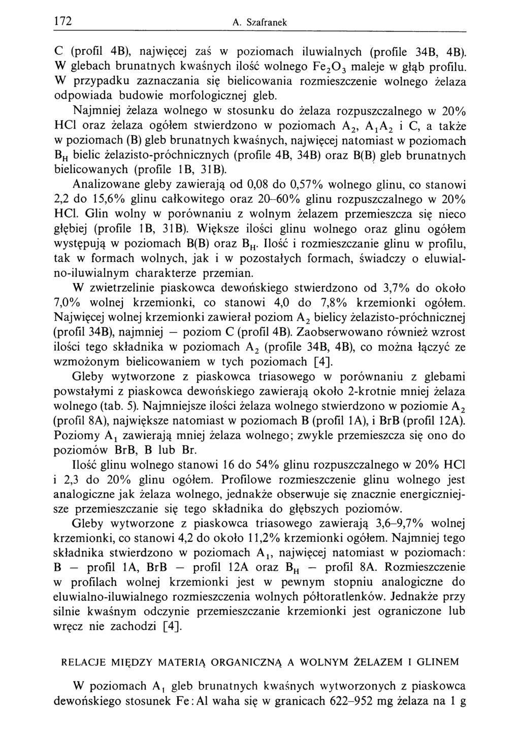 172 A. Szafranek С (profil 4В), najwięcej zaś w poziomach iluwialnych (profile 34B, 4B). W glebach brunatnych kwaśnych ilość wolnego Fe20 3 maleje w głąb profilu.