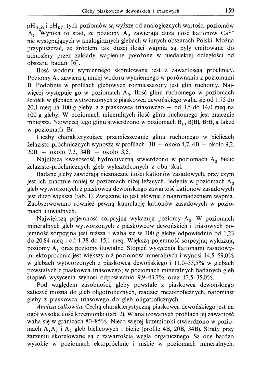 Gleby piaskowców dewońskich i triasowych 159 рн н o i p H KC1 tych poziomów są wyższe od analogicznych wartości poziomów A v Wynika to stąd, że poziomy A 0 zawierają dużą ilość kationów Ca2 + nie