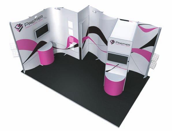 reklamowych pulpitów półkolistych trzy panele pod półki z półkami jeden owalny moduł końcowy trzy kieszenie na ulotki cztery lampy punktowe LED Stoisko 4x3 metry dwa moduły Wave Flexi-Link