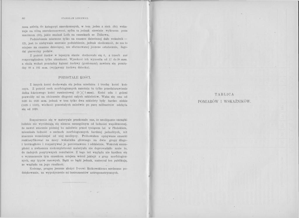 0 STANISŁAW LENCEWICZ nosa należą do kategoryi szerokonosych w tem jeden z nich () wskazuje na silną szerokonosowosć cyfra ta jednak niewiele wykracza poza maximum (0) jakie znalazł Loth na czaszkach