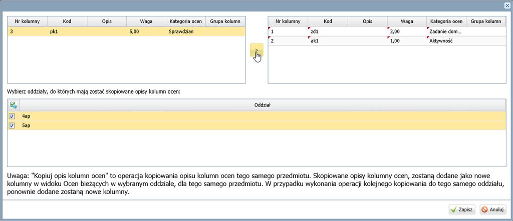 Funkcjonalność dostępna jest na stronie Oceny bieżące, po wyświetleniu tabeli ocen wybranego przedmiotu (przycisk Kopiuj opis kolumn ocen).