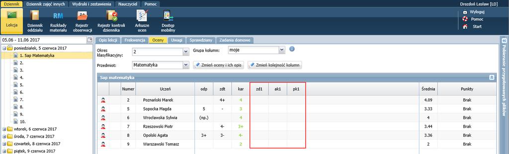 Rysunek 2. Skopiowane kolumny w tabeli ocen bieżących w widoku Dziennik/ Dziennik oddziału Rysunek 3.