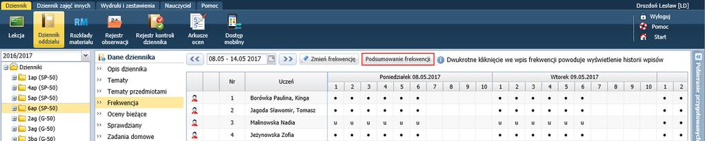 Na stronie Frekwencja dodano zestawienie zawierające miesięczne podsumowania frekwencji poszczególnych uczniów, w rozbiciu na poszczególne kategorie.