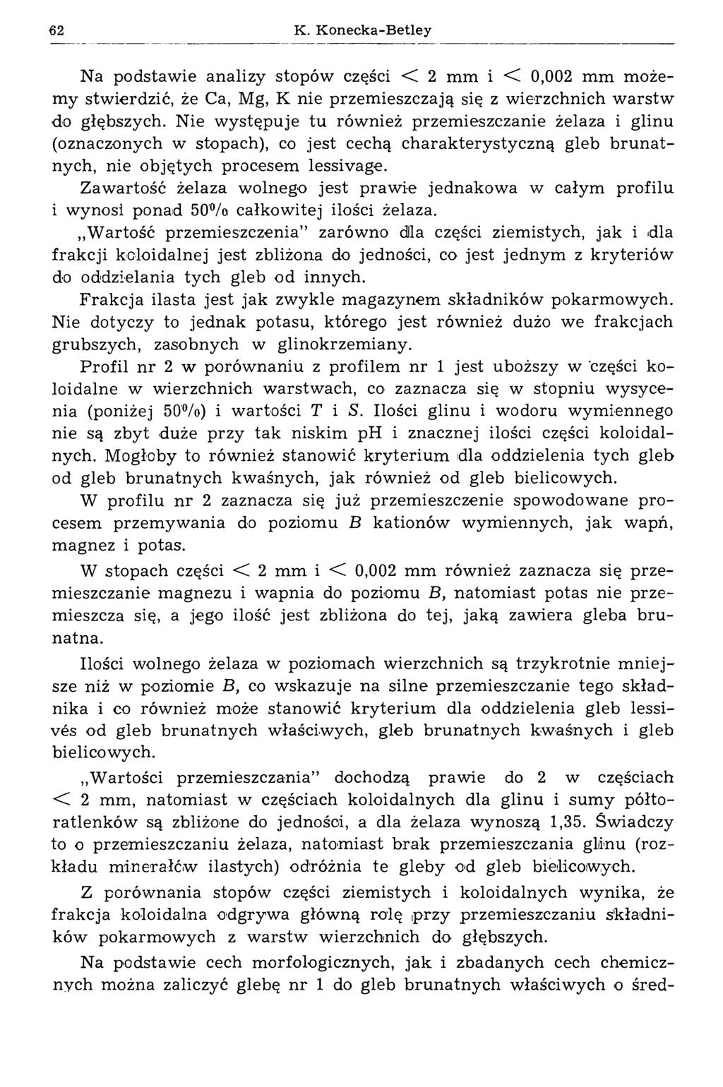 62 K. Konecka-Betley Na podstawie analizy stopów części < 2 mm i < 0,002 mm m ożemy stwierdzić, że Ca, Mg, К nie przemieszczają się z wierzchnich warstw do głębszych.