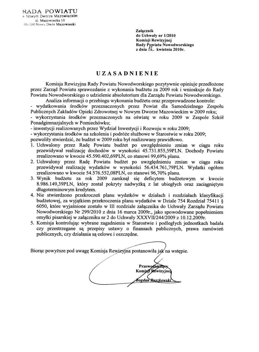 RADA POWIATU IV Nowym Dworze Mazowieckir:n ul Mazowiecka 10 os- :00 Nowy Dwór Mazowiecki Załącznik do Uchwały nr 112010 Komisji Rewizyjnej Rady Powiatu Nowodworskiego z dnia ~Z.. kwietnia 2010r.