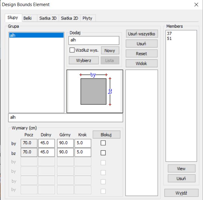 Poprzez wybór odpowiedniej grupy z zakładki Grupy, odpowiadające im wymiary przekrojów są wyświetlone w oknie Wymiary.